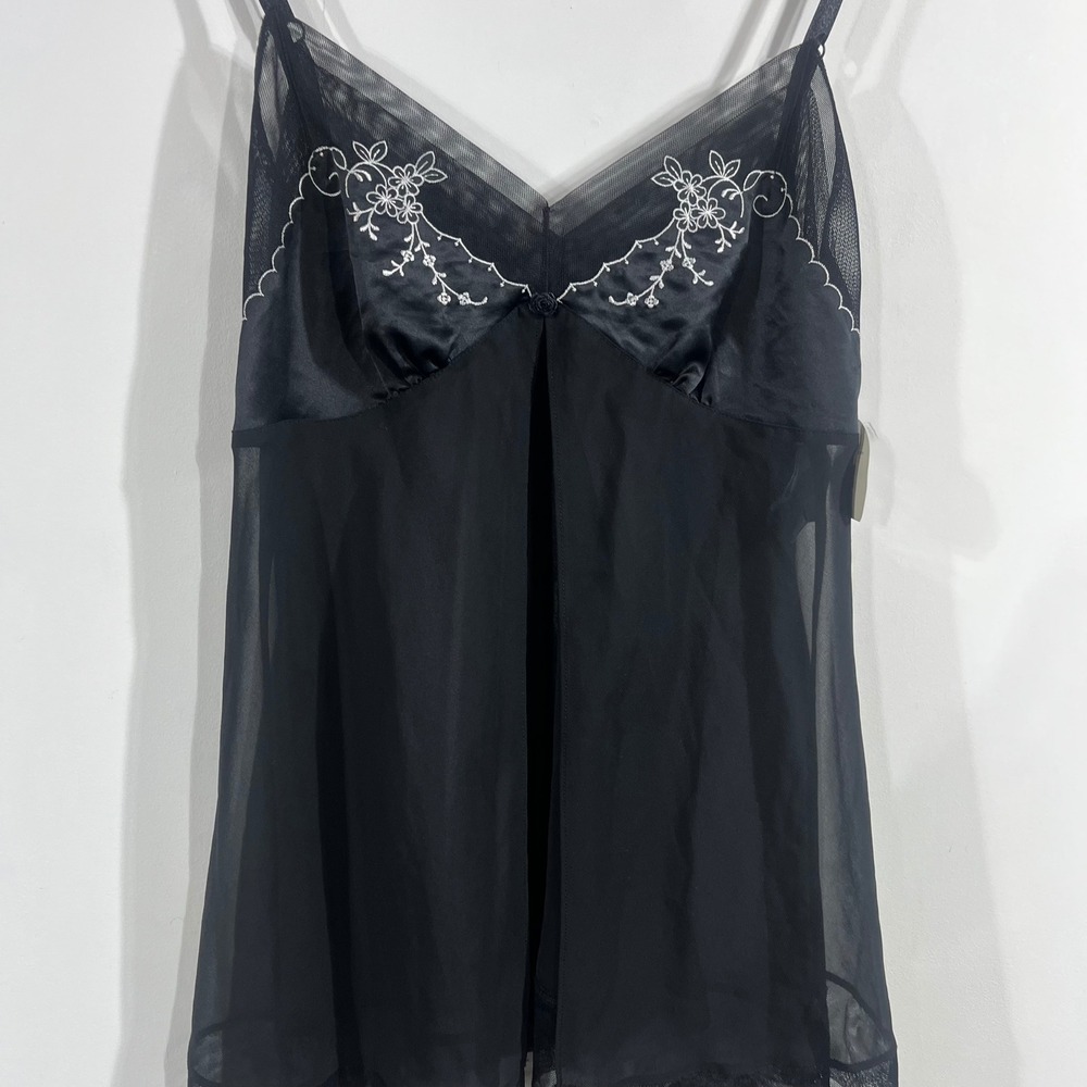 ValerieStevens VTG Babydoll Y2K Black Sheer Slip Dress Floral Embroidered Medium - Picture 2 of 9